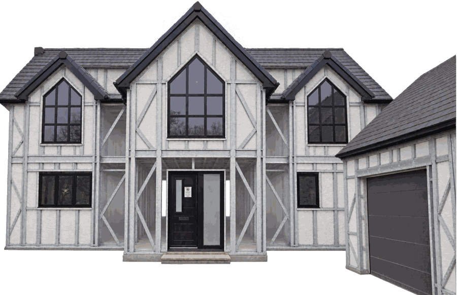 A duoKore home with a traditional half-timbered appearance