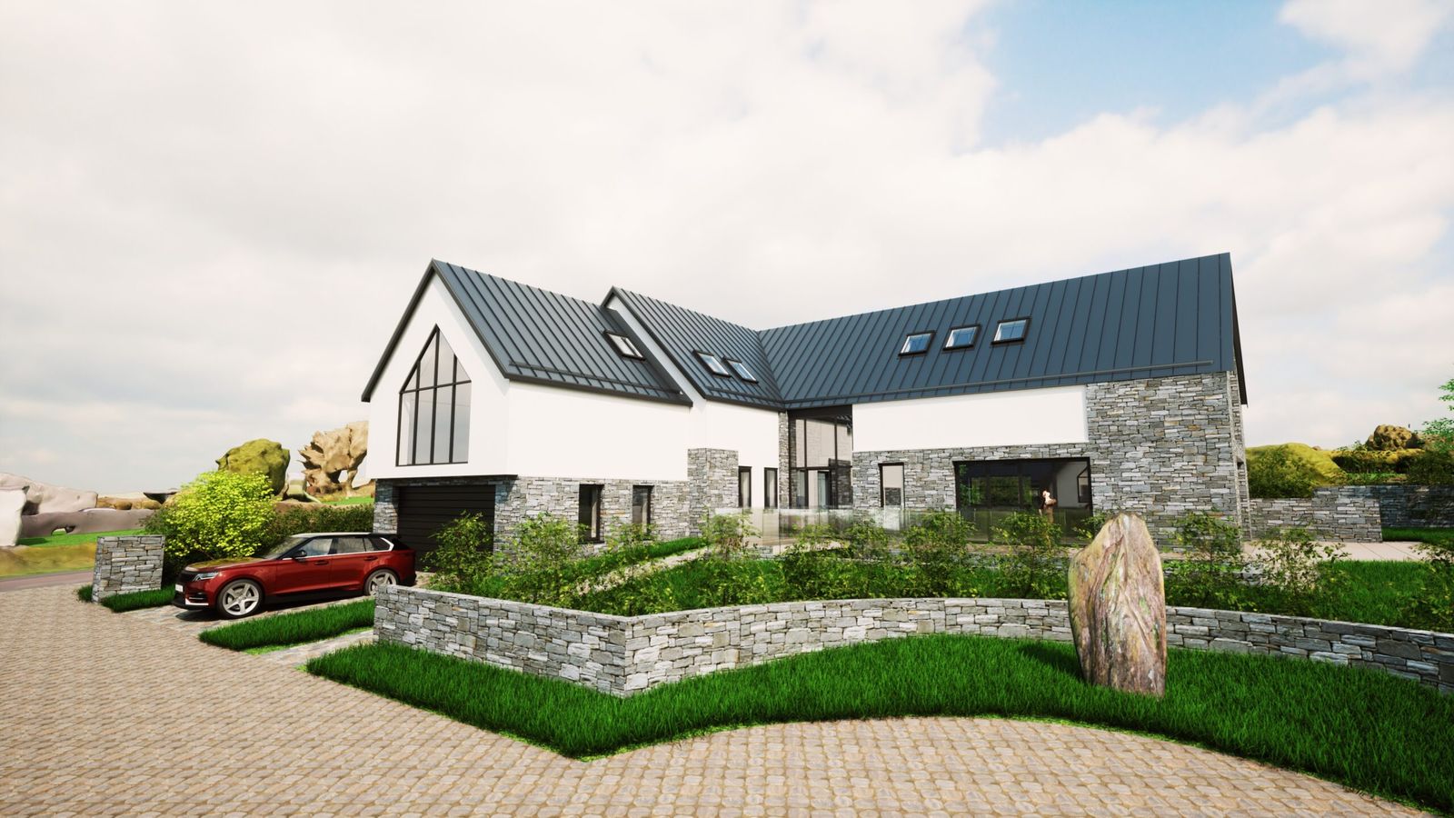 Front elevation of the house in stone, render and a dark pitched roof
