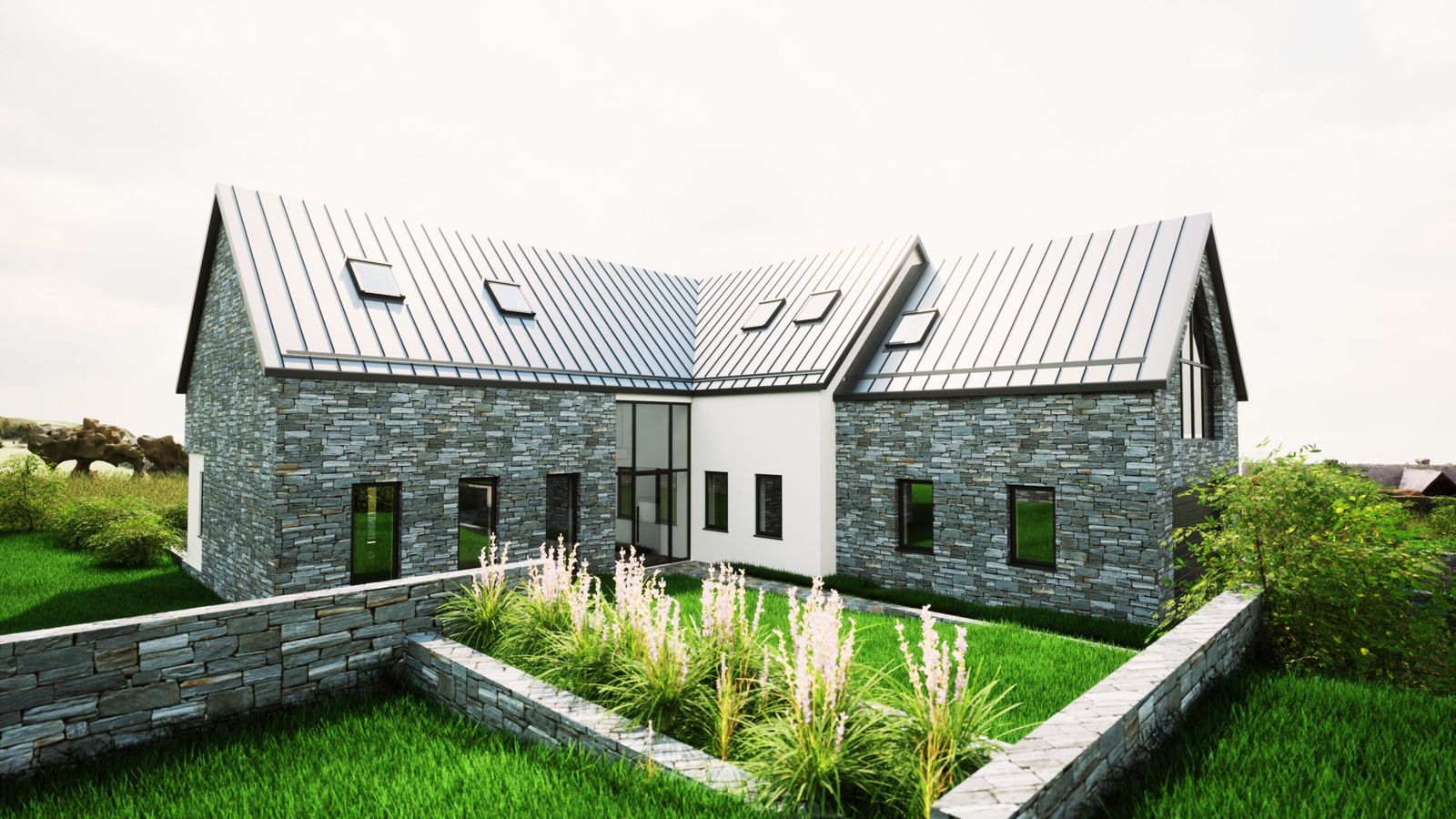 The rear gardens enclosed by stone garden walls